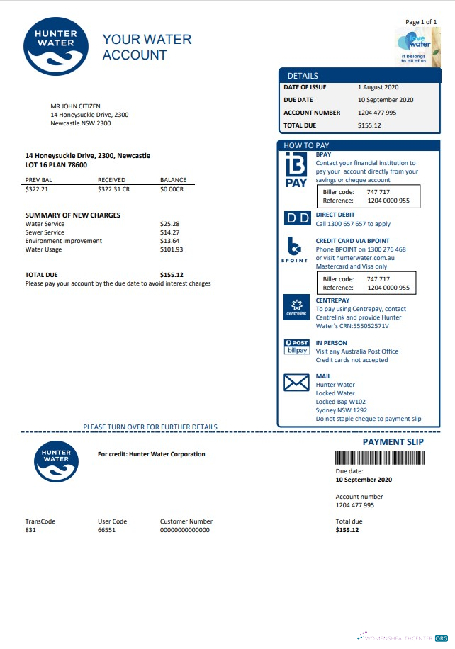 download download Australia Hunter Water utility bill